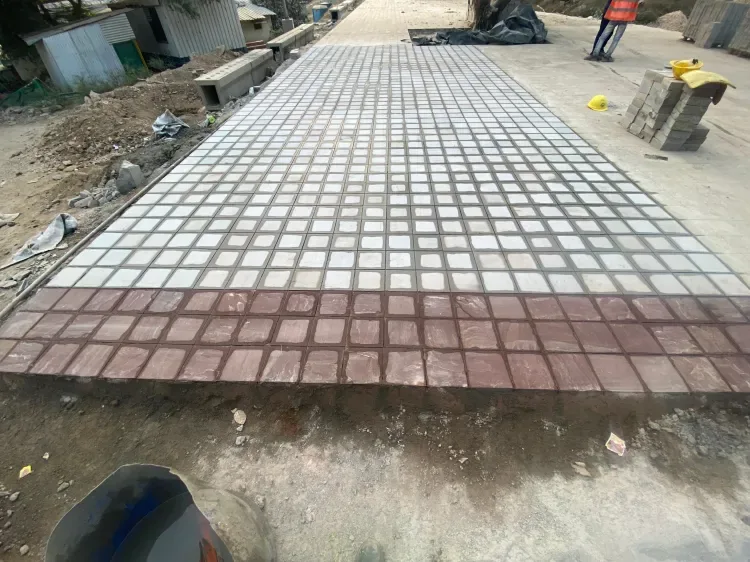 Cobbles & Sets — Grid Cobblestone Paving with Mandana Red Border